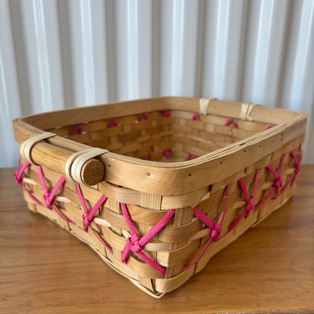 Woven Square Basket with Pink Accent Trim
